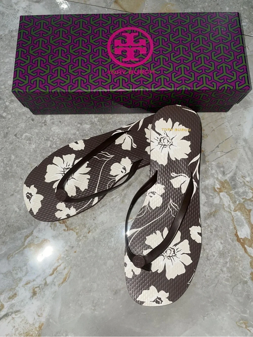 Tory Burch Mocha Falls Floral Flip Flops NWT
